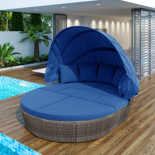Outdoor rattan daybed sunbed with Retractable Canopy Wicker Furniture, Round Outdoor Sectional Sofa Set, Gray Wicker Furniture Clamshell Seating with Washable Cushions, Backyard, Porch, Blue, Goodies N Stuff
