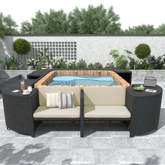 Spa Surround Spa Frame Quadrilateral Outdoor Rattan Sectional Sofa Set with Mini Sofa,Wooden Seats and Storage Spaces, Beige, Goodies N Stuff