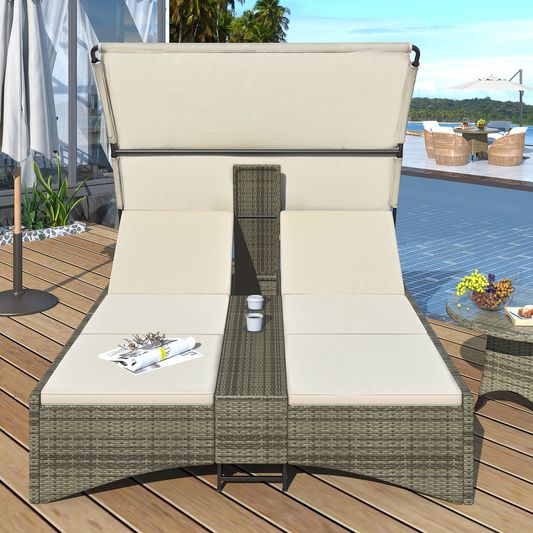 Patio Daybed Outdoor Daybed Outdoor Rattan Sun Lounger with Shelter Roof with Adjustable Backrest, Storage Box and 2 Cup Holders for Patio, Balcony, Poolside,Cream, Goodies N Stuff