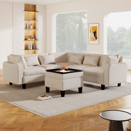87" Modern Sectional Sofa with Coffee Table, 6-Seat Couch Set with Storage Ottoman, Goodies N Stuff