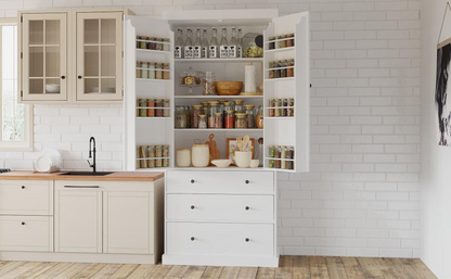 77inch Farmhouse Kitchen Pantry, Freestanding Tall Cupboard Storage Cabinet with 3 Adjustable Shelves, 8 Door Shelves, 3 Drawers for Kitchen, Dining Room, White, Goodies N Stuff
