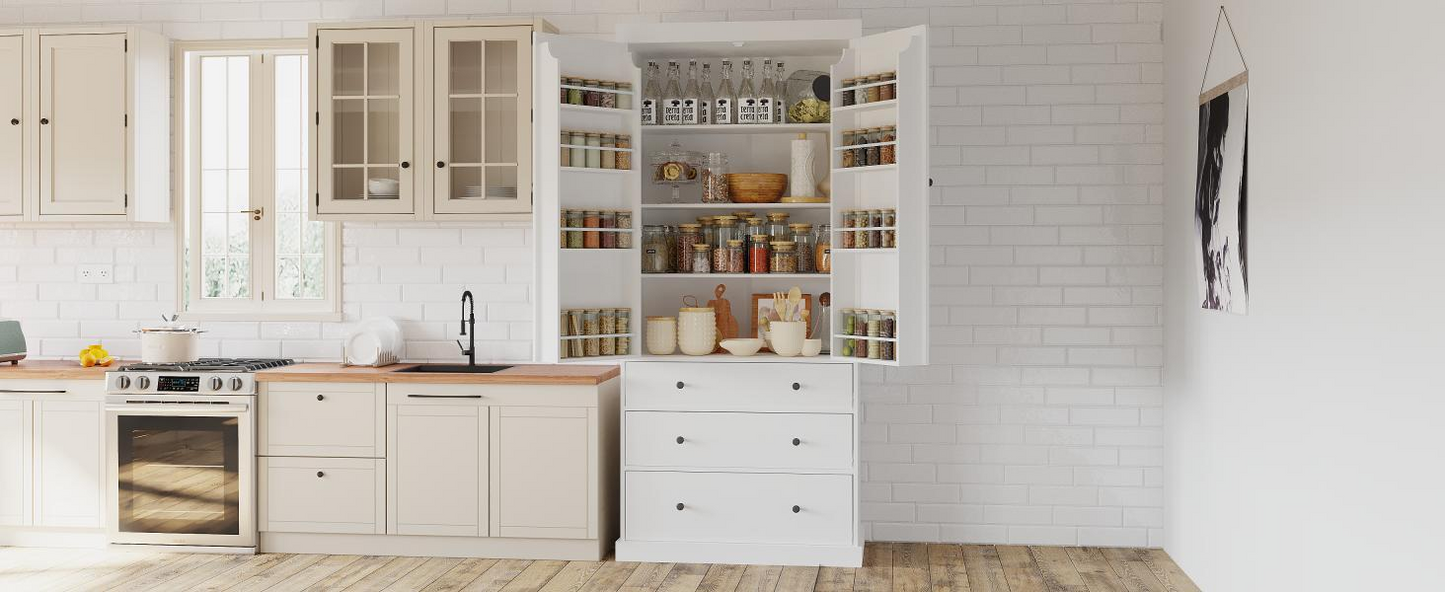 77inch Farmhouse Kitchen Pantry, Freestanding Tall Cupboard Storage Cabinet with 3 Adjustable Shelves, 8 Door Shelves, 3 Drawers for Kitchen, Dining Room, White, Goodies N Stuff