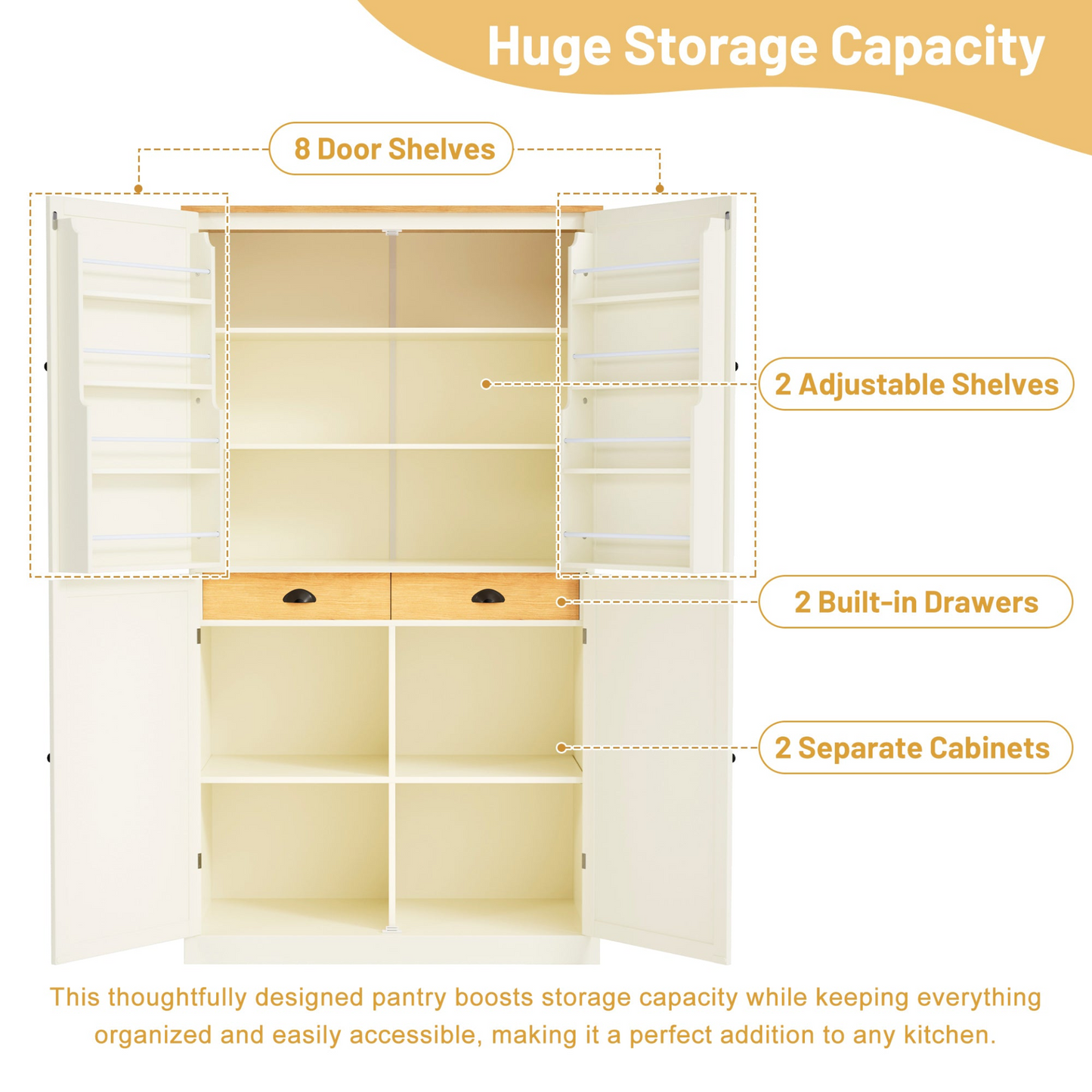 40.2x20x71.3inch High Freestanding Kitchen Pantry Large Cupboard Storage Cabinet with 2 Drawers, 2 Adjustable Shelves, 8 Door Shelves for Kitchen, Dining Room,Cream, Goodies N Stuff