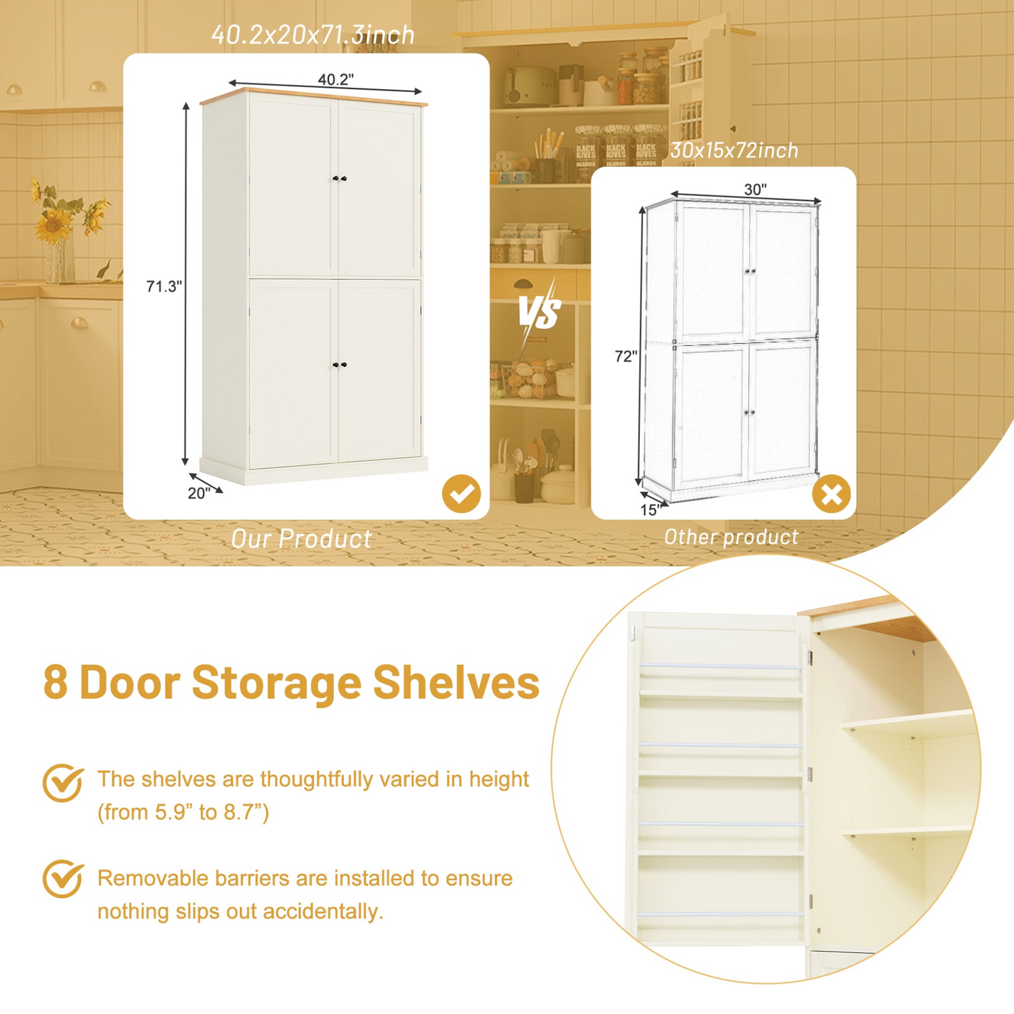 40.2x20x71.3inch High Freestanding Kitchen Pantry Large Cupboard Storage Cabinet with 2 Drawers, 2 Adjustable Shelves, 8 Door Shelves for Kitchen, Dining Room,Cream, Goodies N Stuff