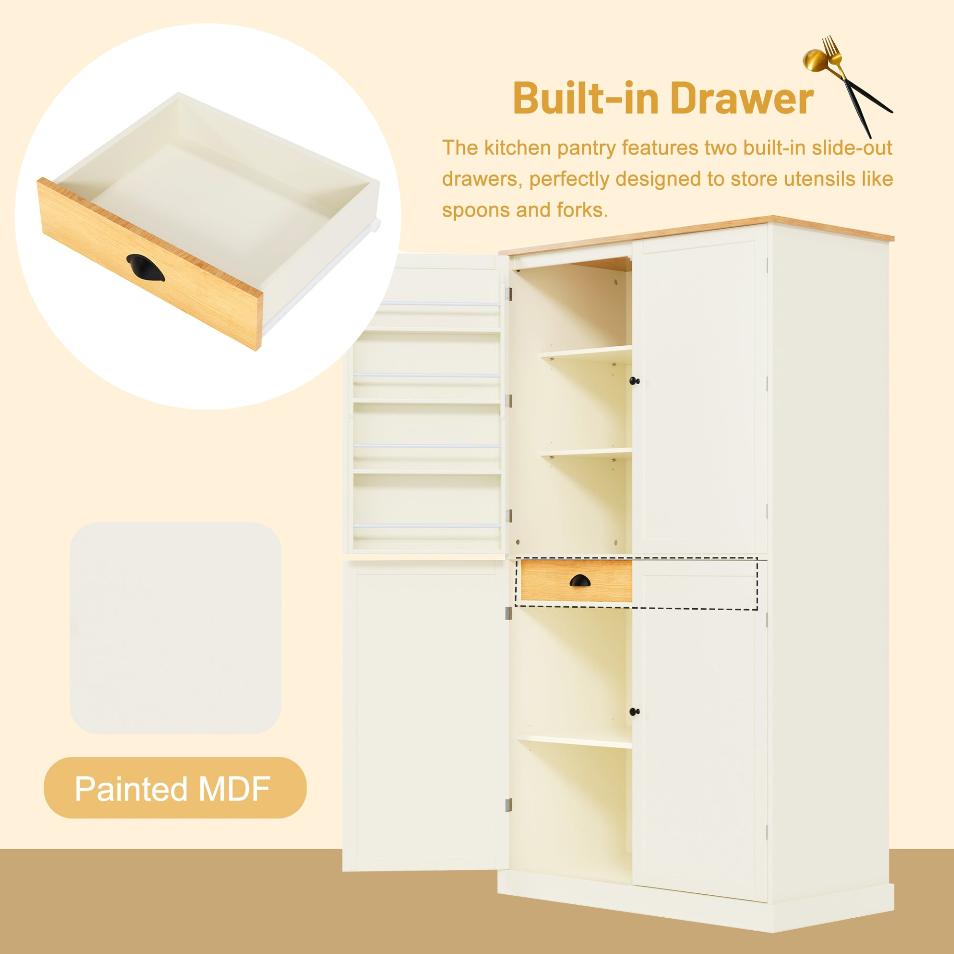 40.2x20x71.3inch High Freestanding Kitchen Pantry Large Cupboard Storage Cabinet with 2 Drawers, 2 Adjustable Shelves, 8 Door Shelves for Kitchen, Dining Room,Cream, Goodies N Stuff