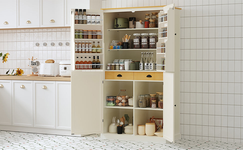 40.2x20x71.3inch High Freestanding Kitchen Pantry Large Cupboard Storage Cabinet with 2 Drawers, 2 Adjustable Shelves, 8 Door Shelves for Kitchen, Dining Room,Cream, Goodies N Stuff