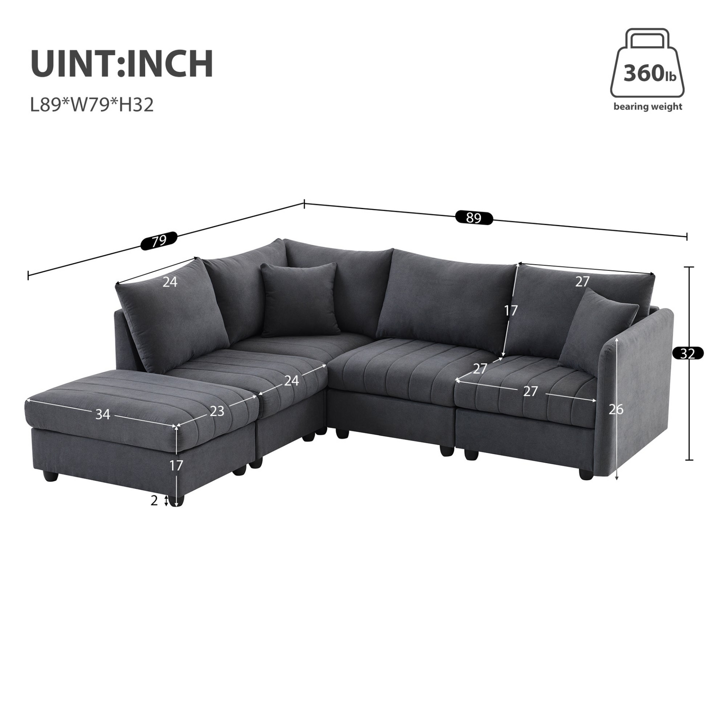 89*79"Modern Sectional Sofa with Vertical Stripes,2 Pillows,5-Seat Couch with Convertible Ottoman,Various Combinations,L-Shape Indoor Furniture for Living Room,Apartment, 3 Colors, Goodies N Stuff