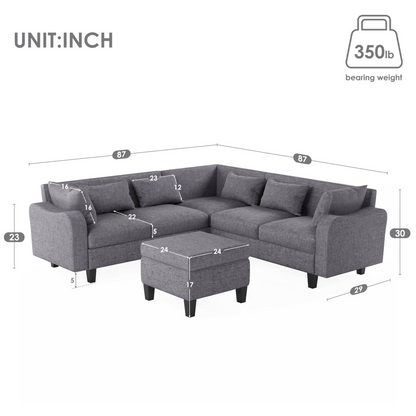 87" Modern Sectional Sofa with coffee table,6-Seat Couch Set with Storage Ottoman,Various Combinations,L-Shape Indoor Furniture with Unique Armrests for Living Room,Apartment, 2 Colors(6 pillows)