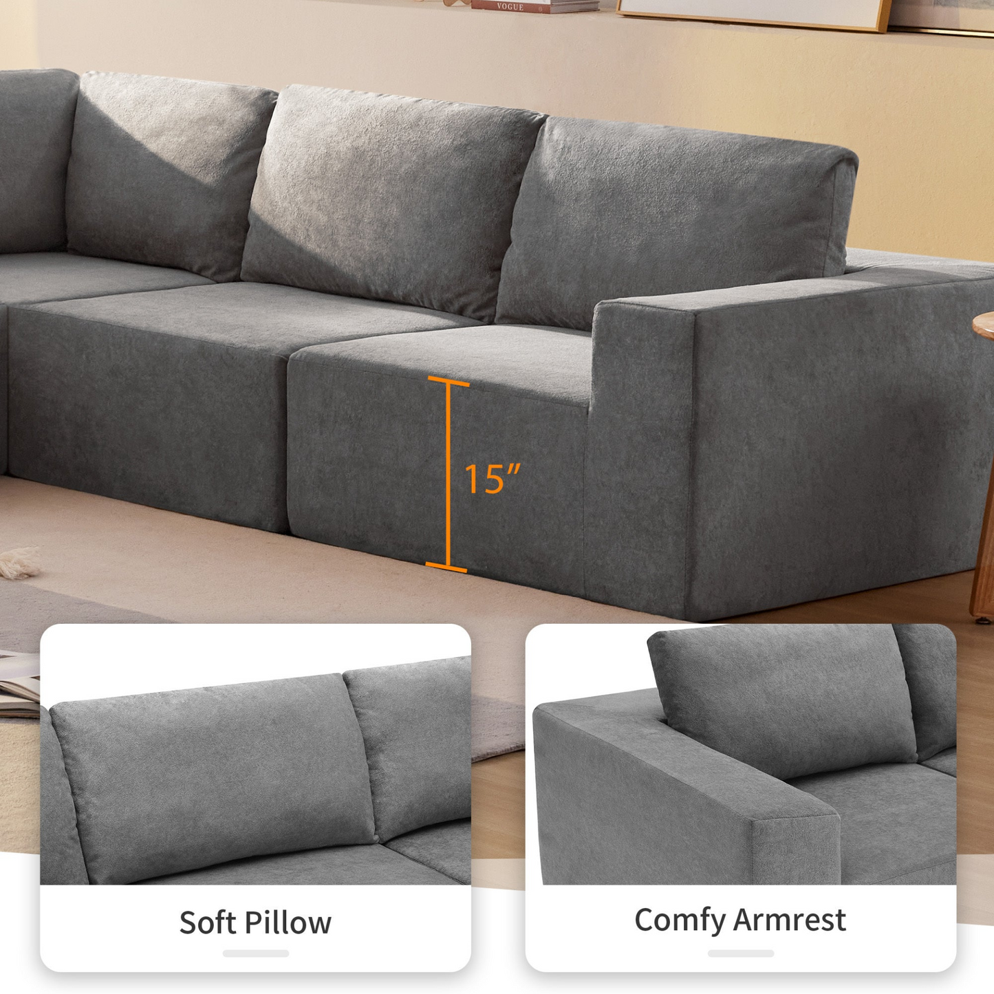 116*116" Modular L Shaped Sectional Sofa,Luxury Floor Couch Set,Upholstered Indoor Furniture,Foam-Filled Sleeper Sofa Bed for Living Room,Bedroom,5 PC Free Combination,3 Colors