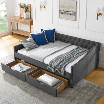 Full Size Daybed with Drawers Upholstered Tufted Sofa Bed, with Button on Back and Copper Nail on Waved Shape Arms(80.5''x55.5''x27.5'')