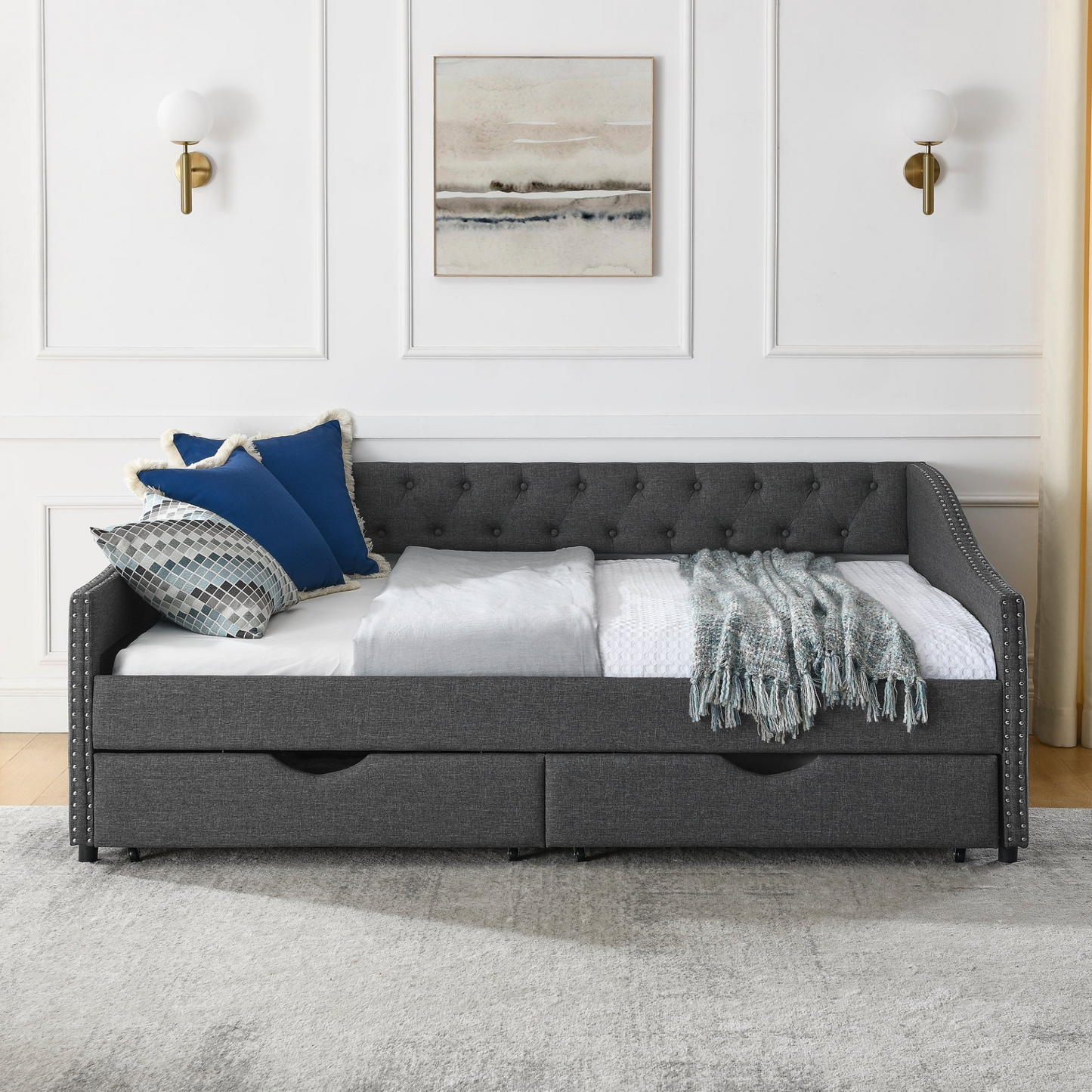 Full Size Daybed with Drawers Upholstered Tufted Sofa Bed, with Button on Back and Copper Nail on Waved Shape Arms(80.5''x55.5''x27.5'')