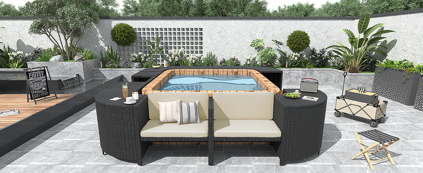 Spa Surround Spa Frame Quadrilateral Outdoor Rattan Sectional Sofa Set with Mini Sofa,Wooden Seats and Storage Spaces, Beige, Goodies N Stuff