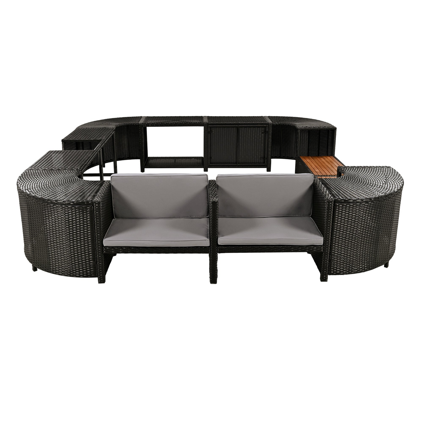 Spa Surround Spa Frame Quadrilateral Outdoor Rattan Sectional Sofa Set with Mini Sofa, Wooden Seats and Storage Spaces, Grey, Goodies N Stuff
