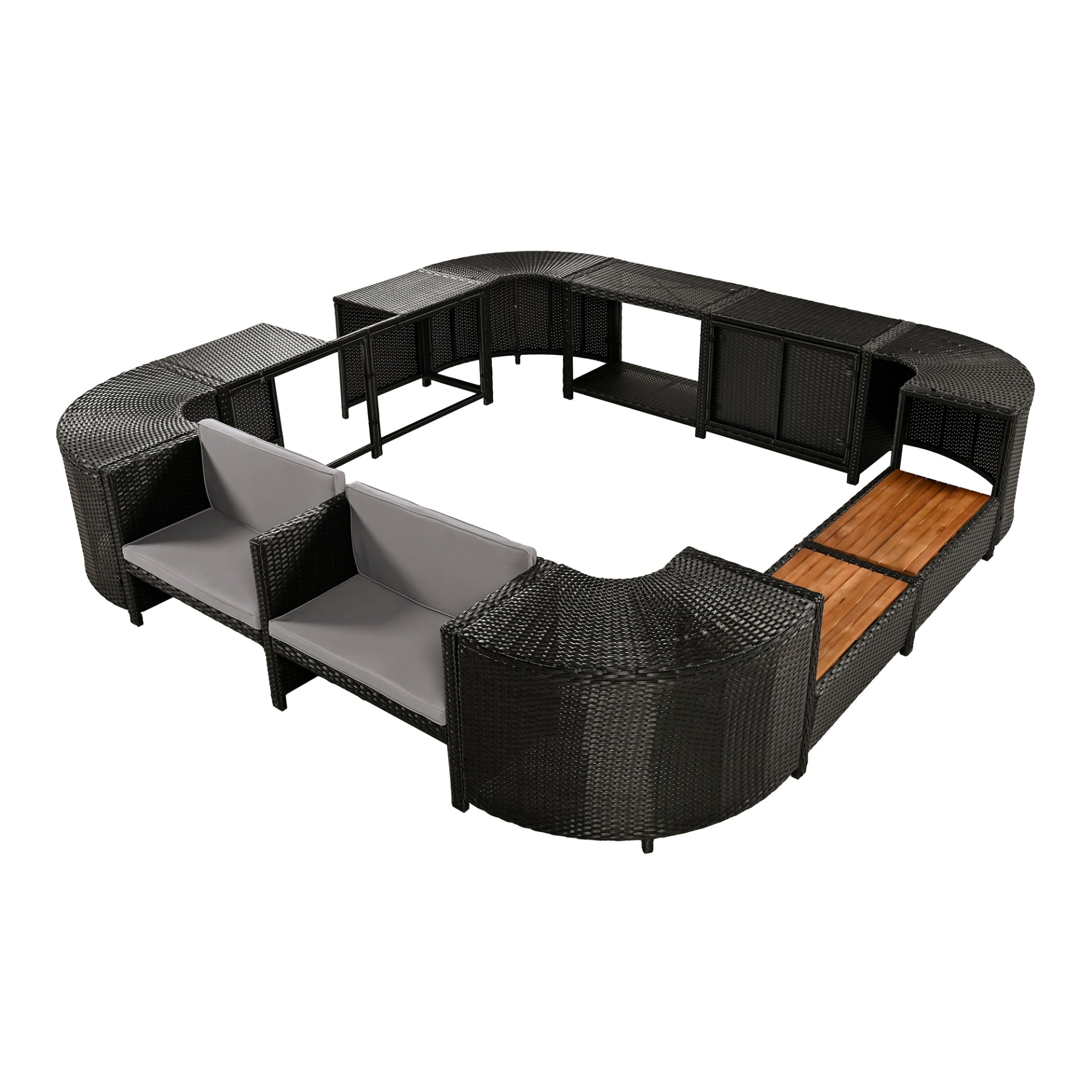 Spa Surround Spa Frame Quadrilateral Outdoor Rattan Sectional Sofa Set with Mini Sofa, Wooden Seats and Storage Spaces, Grey, Goodies N Stuff