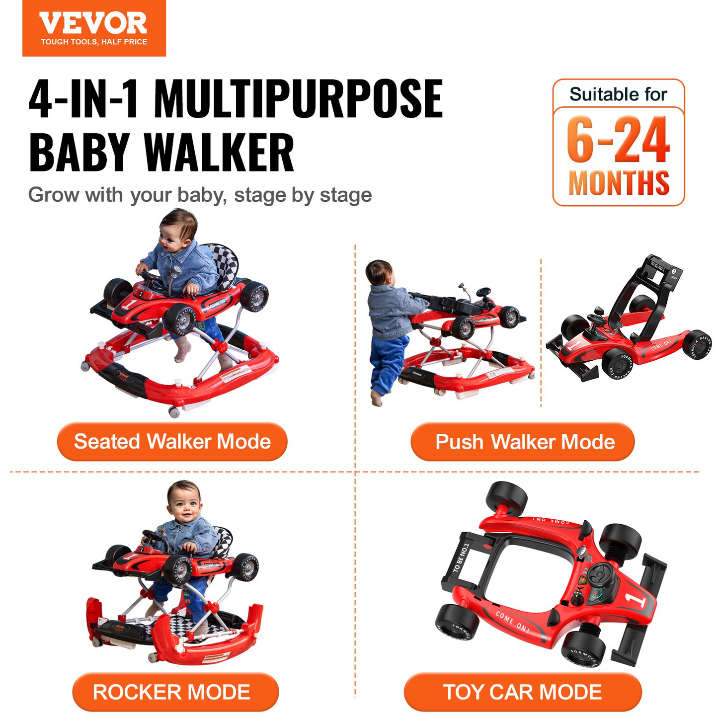 VEVOR 4-in-1 Baby Walker, Foldable Baby Activity Center on Wheels, Adjustable Height, Light, Steering Wheel, Toy Car | Learning-Seated | Walk-Behind | Rocker Toddler Walker for 6-24 Month Boys Girls, Goodies N Stuff