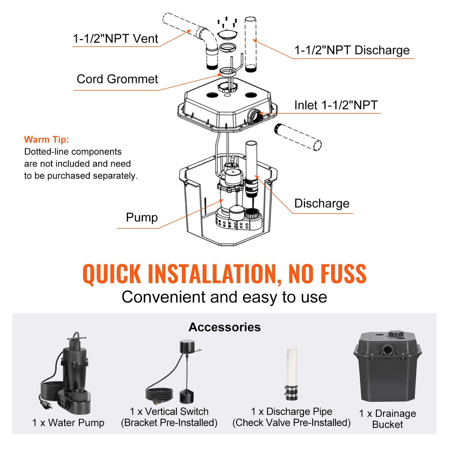 VEVOR Utility Sink Pump, 1/2 HP, 120-Volt, 3500 GPH Flow, 28 ft Head, Under-Sink Sump Pump System with 6 Gallon Basin, Automatic Utility/Laundry Sink Pump, Drain Pump with 1-1/2" NPT Outlet, Black, Goodies N Stuff