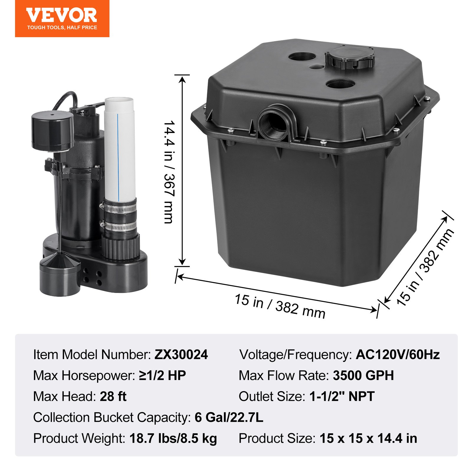 VEVOR Utility Sink Pump, 1/2 HP, 120-Volt, 3500 GPH Flow, 28 ft Head, Under-Sink Sump Pump System with 6 Gallon Basin, Automatic Utility/Laundry Sink Pump, Drain Pump with 1-1/2" NPT Outlet, Black, Goodies N Stuff