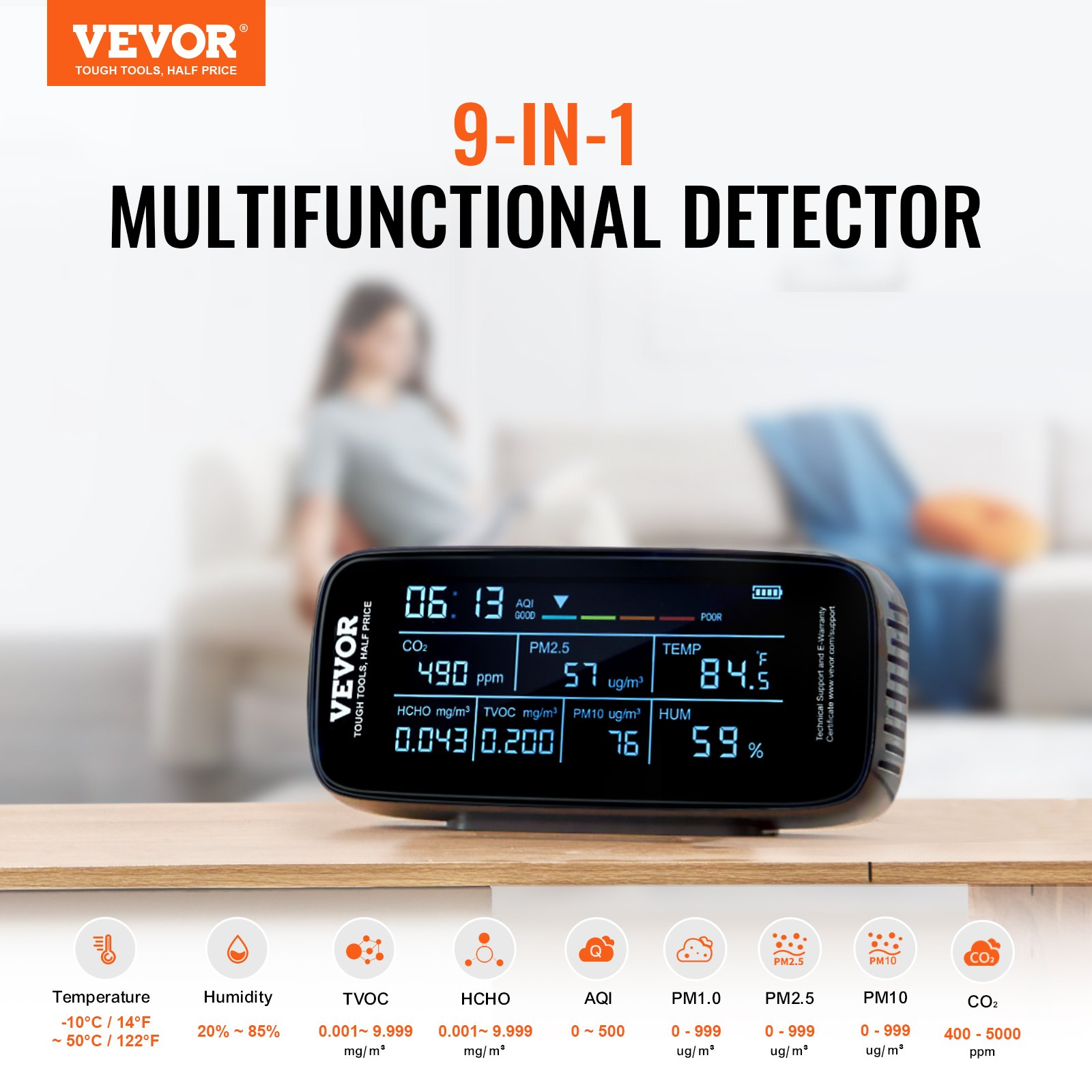 VEVOR Air Quality Monitor 9-IN-1, CO2, Temperature, Humidity, Formaldehyde TVOC AQI Tester, Professional PM2.5 PM10 PM1.0 Particle Counter for Indoor/Outdoor, Air Quality Meter  w/Alarm Thresholds, Goodies N Stuff