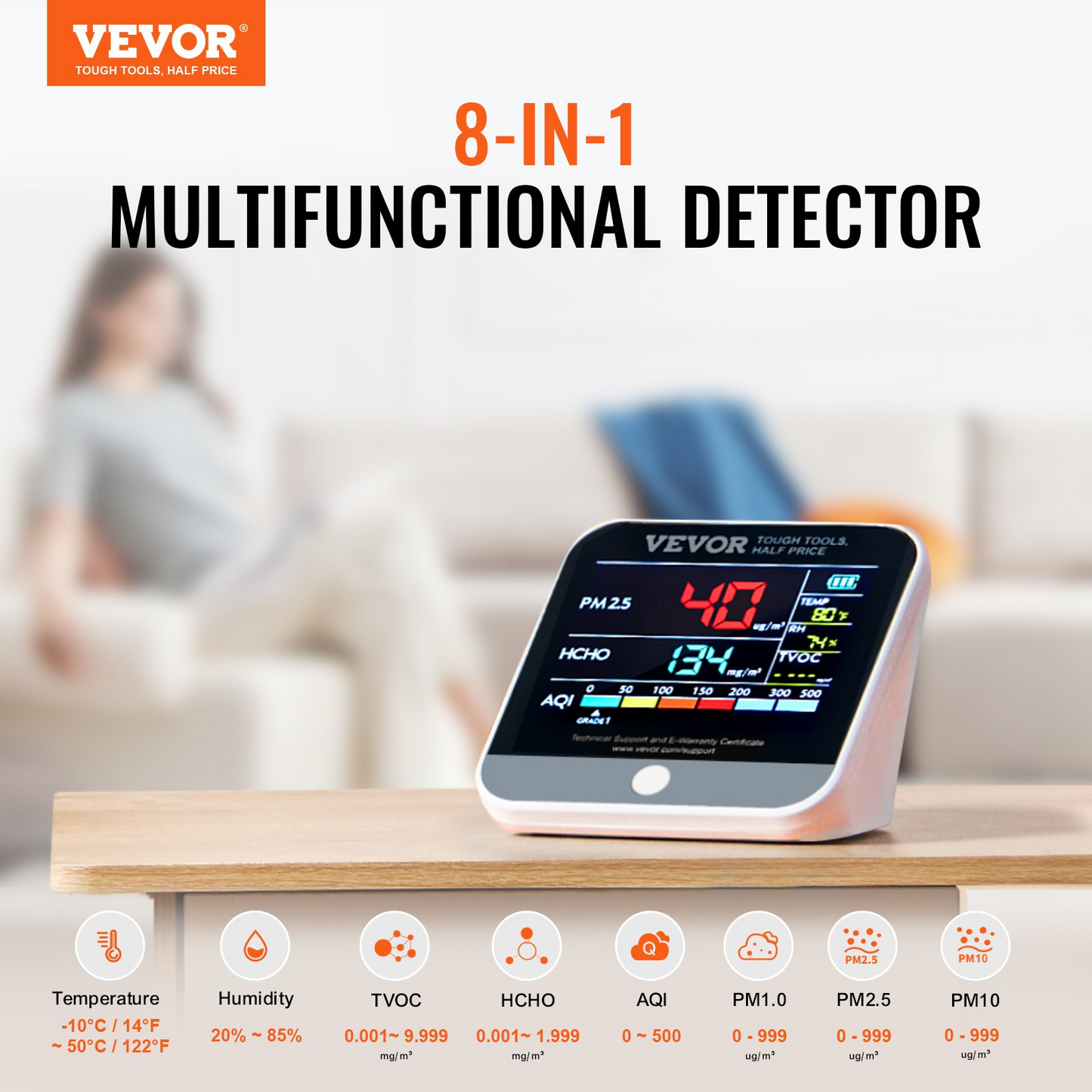 VEVOR Mini Air Quality Monitor 8-IN-1, Professional PM2.5 PM10 PM1.0 Particle Counter, Formaldehyde, Temperature, Humidity, TVOC AQI Tester for Indoor/Outdoor, Air Quality Meter  w/Alarm Thresholds, Goodies N Stuff