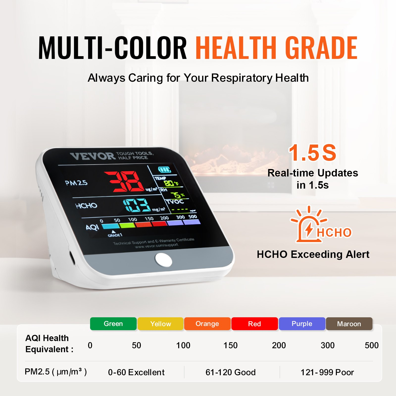 VEVOR Mini Air Quality Monitor 8-IN-1, Professional PM2.5 PM10 PM1.0 Particle Counter, Formaldehyde, Temperature, Humidity, TVOC AQI Tester for Indoor/Outdoor, Air Quality Meter  w/Alarm Thresholds, Goodies N Stuff