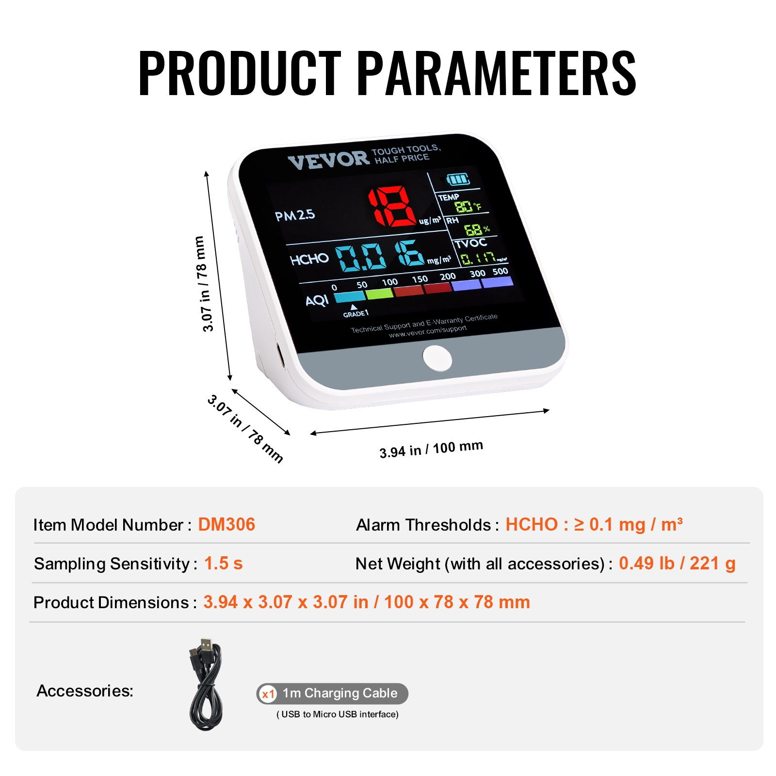 VEVOR Mini Air Quality Monitor 8-IN-1, Professional PM2.5 PM10 PM1.0 Particle Counter, Formaldehyde, Temperature, Humidity, TVOC AQI Tester for Indoor/Outdoor, Air Quality Meter  w/Alarm Thresholds, Goodies N Stuff