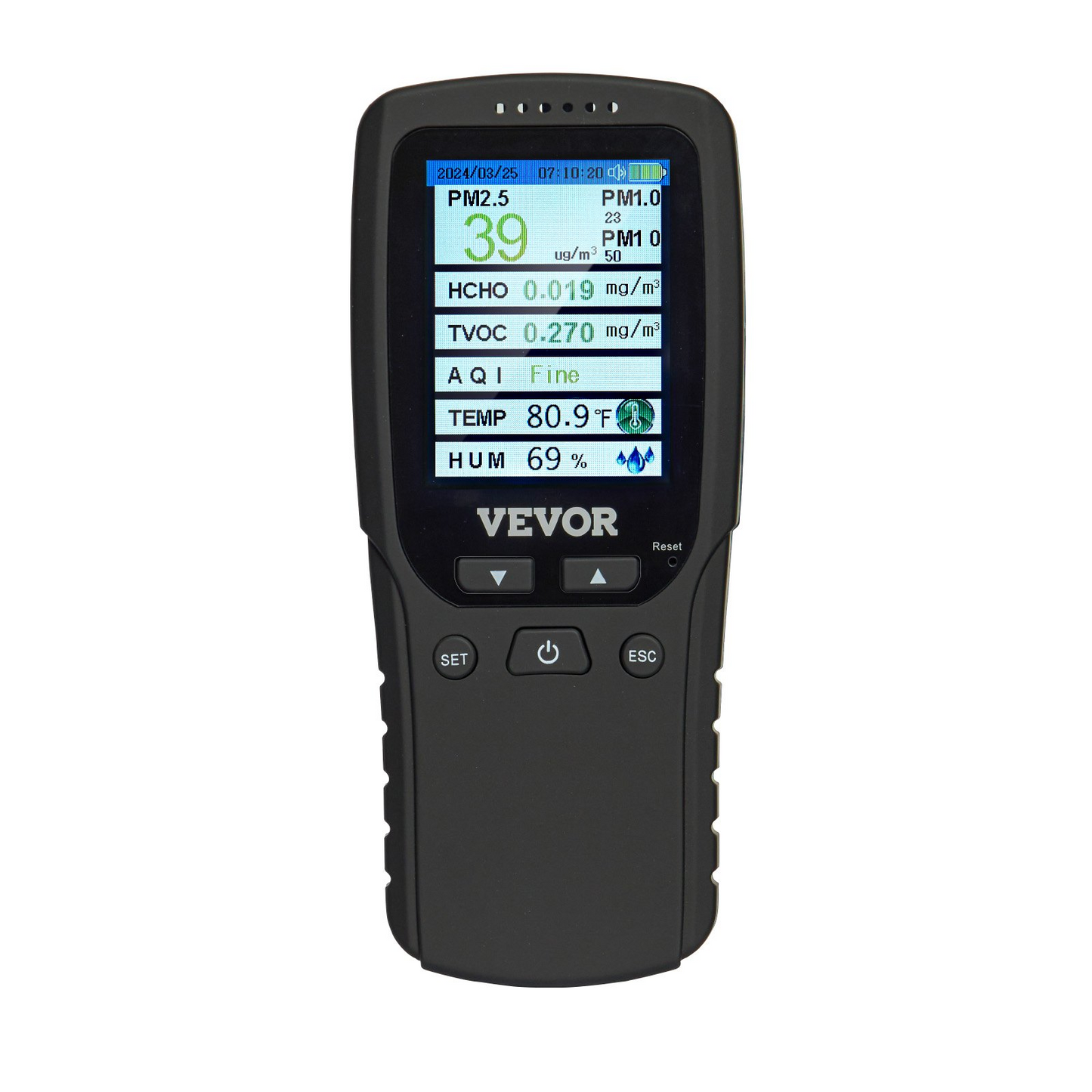 VEVOR Air Quality Monitor 8-IN-1, Professional PM2.5 PM10 PM1.0 Particle Counter, Formaldehyde, Temperature, Humidity, TVOC AQI Tester for Indoor/Outdoor, Air Quality Meter w/Alarm Thresholds