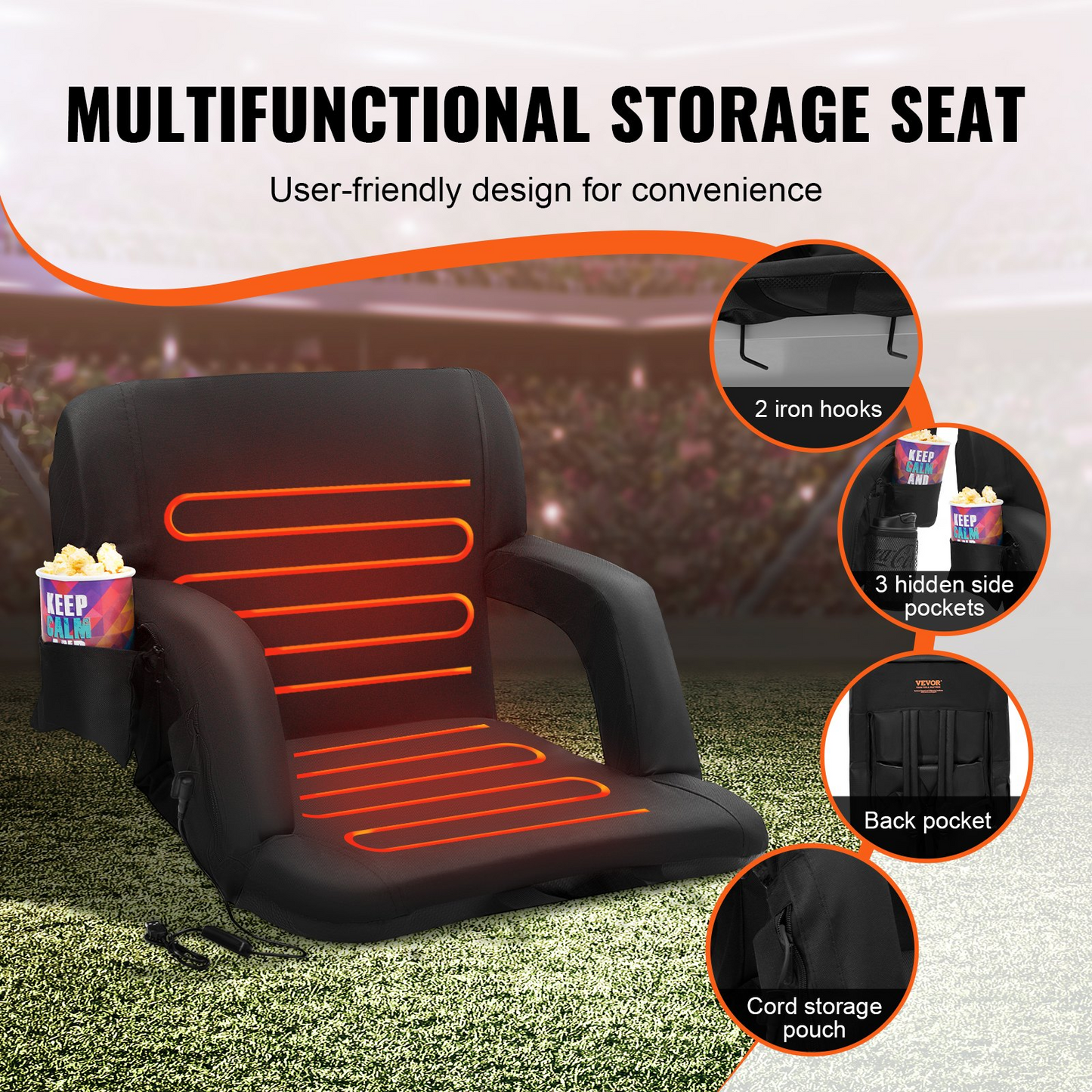 VEVOR Double Heated Stadium Seat with Back Support - Portable Reclining Chair for Sports Events and Outdoor Activities, Goodies N Stuff