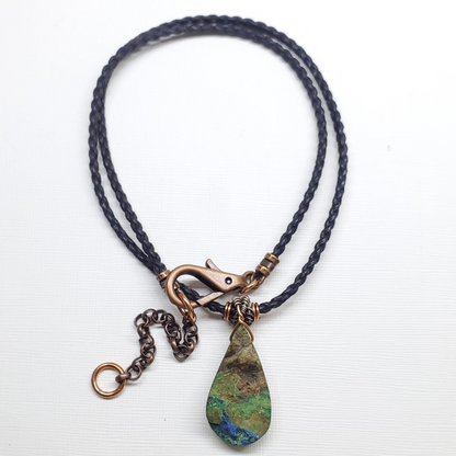 Wire Wrapped Natural Azurite Malachite Drop Vegan Cord Necklace, Goodies N Stuff