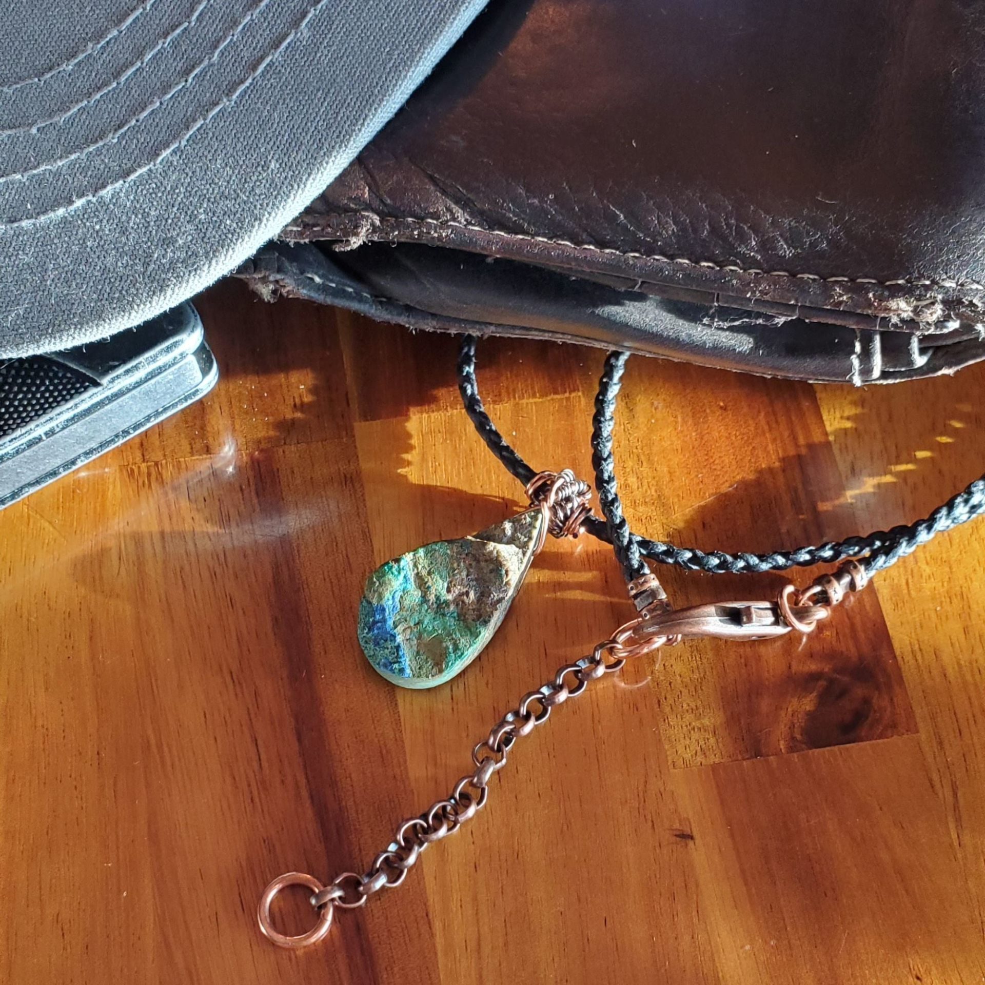 Wire Wrapped Natural Azurite Malachite Drop Vegan Cord Necklace, Goodies N Stuff