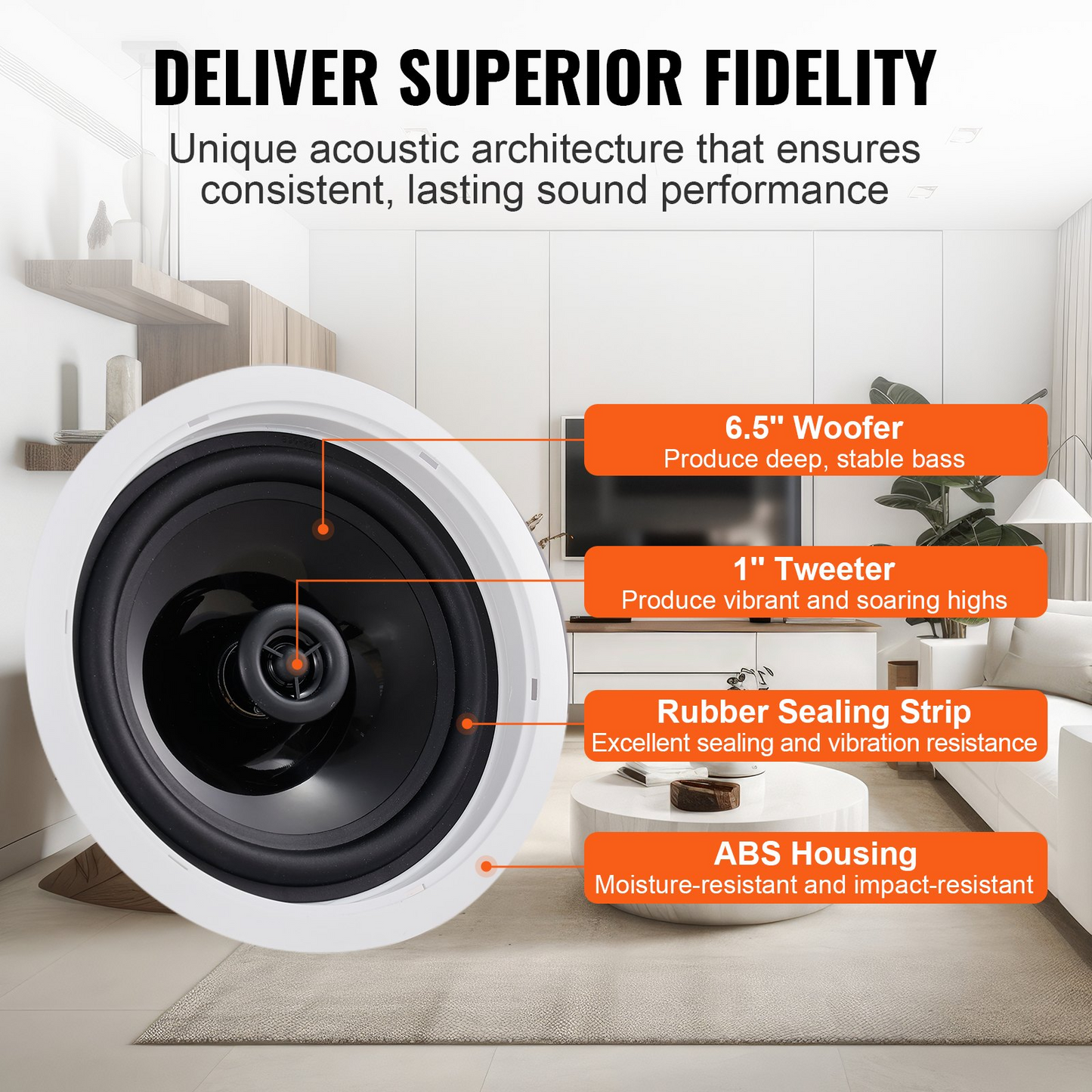 VEVOR 6.5'' Bluetooth in Ceiling Speakers, 150W, Flush Mount Ceiling & in-Wall Speaker System with 8ΩImpedance 89dB Sensitivity, for Home Kitchen Living Room Bedroom or Covered Outdoor Porches, Single, Goodies N Stuff