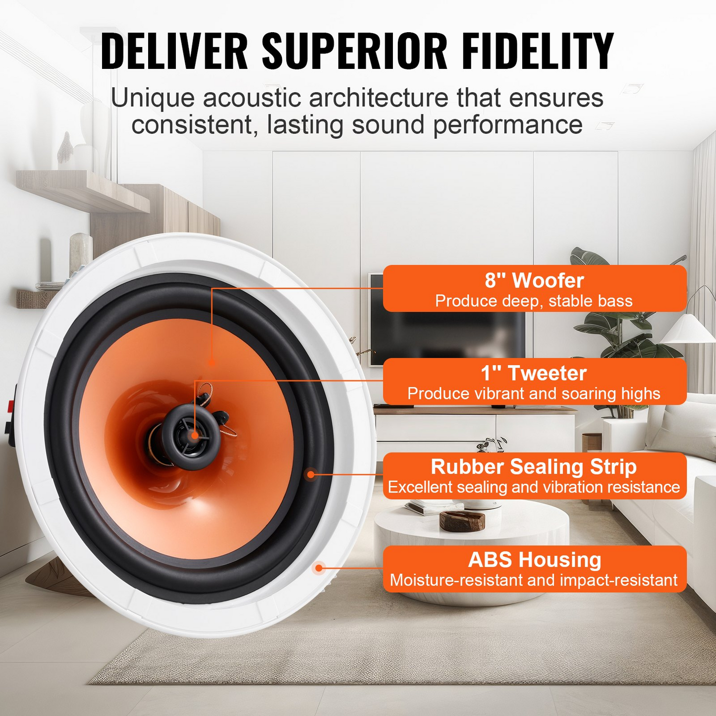 VEVOR 4 PCs 8 Inch in Ceiling Speakers, 100-Watts, Flush Mount Ceiling & in-Wall Speakers System with 8ΩImpedance 89dB Sensitivity, for Home Kitchen Living Room Bedroom or Covered Outdoor Porches, Goodies N Stuff