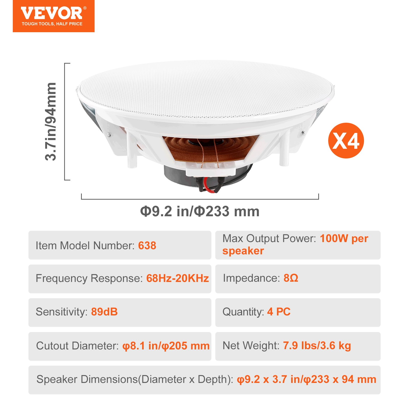 VEVOR 4 PCs 8 Inch in Ceiling Speakers, 100-Watts, Flush Mount Ceiling & in-Wall Speakers System with 8ΩImpedance 89dB Sensitivity, for Home Kitchen Living Room Bedroom or Covered Outdoor Porches, Goodies N Stuff