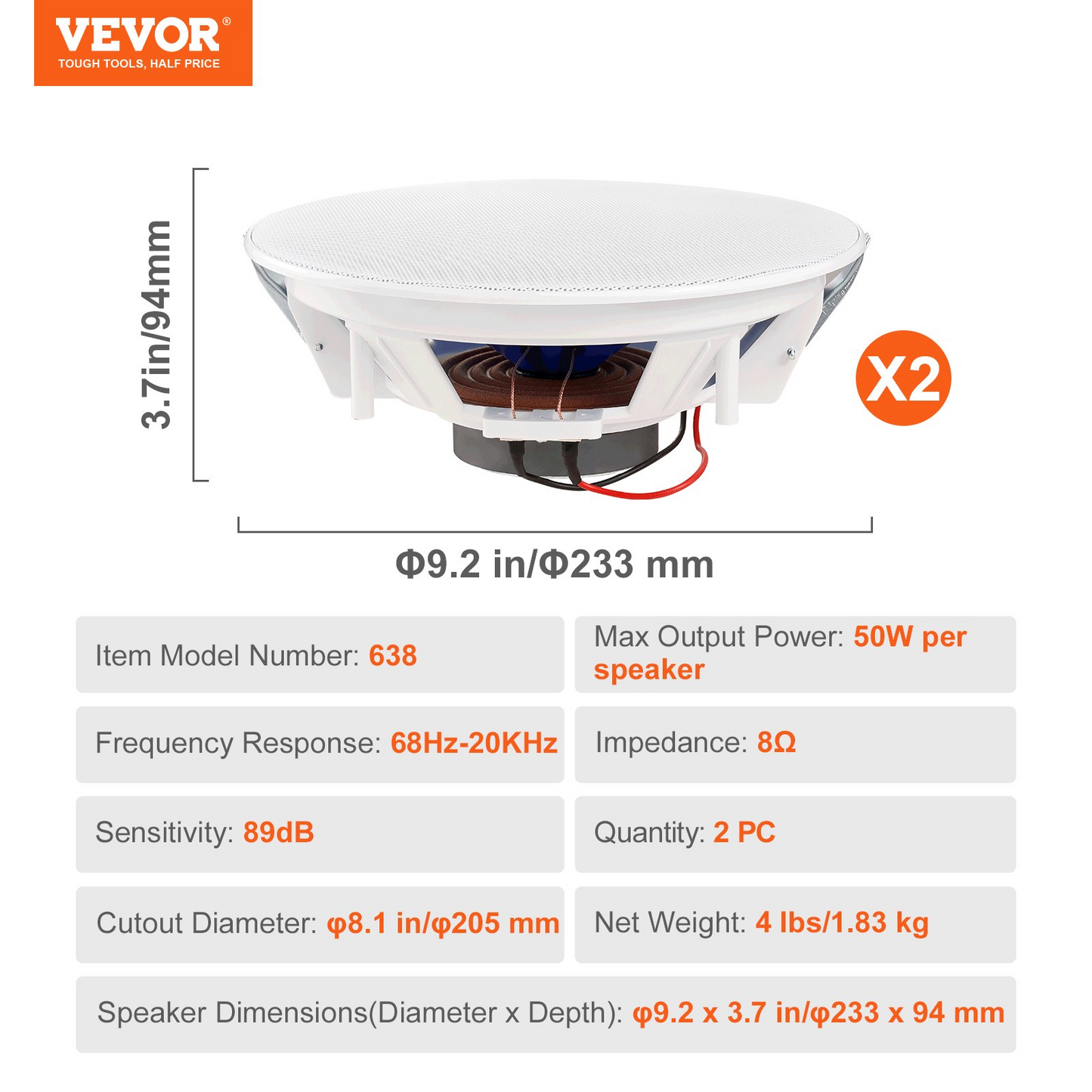 VEVOR 2 PCs 8 Inch in Ceiling Speakers, 50-Watts, Flush Mount Ceiling & in-Wall Speakers System with 8ΩImpedance 89dB Sensitivity, for Home Kitchen Living Room Bedroom or Covered Outdoor Porches, Goodies N Stuff