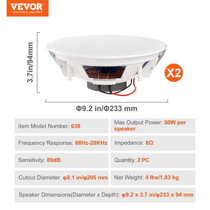 VEVOR 2 PCs 8 Inch in Ceiling Speakers, 50-Watts, Flush Mount Ceiling & in-Wall Speakers System with 8ΩImpedance 89dB Sensitivity, for Home Kitchen Living Room Bedroom or Covered Outdoor Porches, Goodies N Stuff