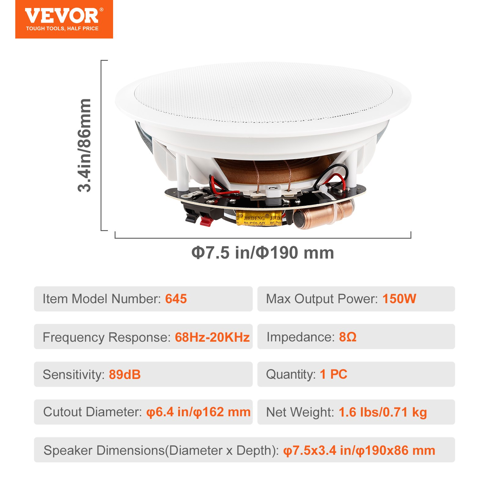 VEVOR 6.5 Inch in Ceiling Speakers, 150-Watts, Flush Mount Ceiling & in-Wall Speakers System with 8ΩImpedance 89dB Sensitivity, for Home Kitchen Living Room Bedroom or Covered Outdoor Porches, Single, Goodies N Stuff