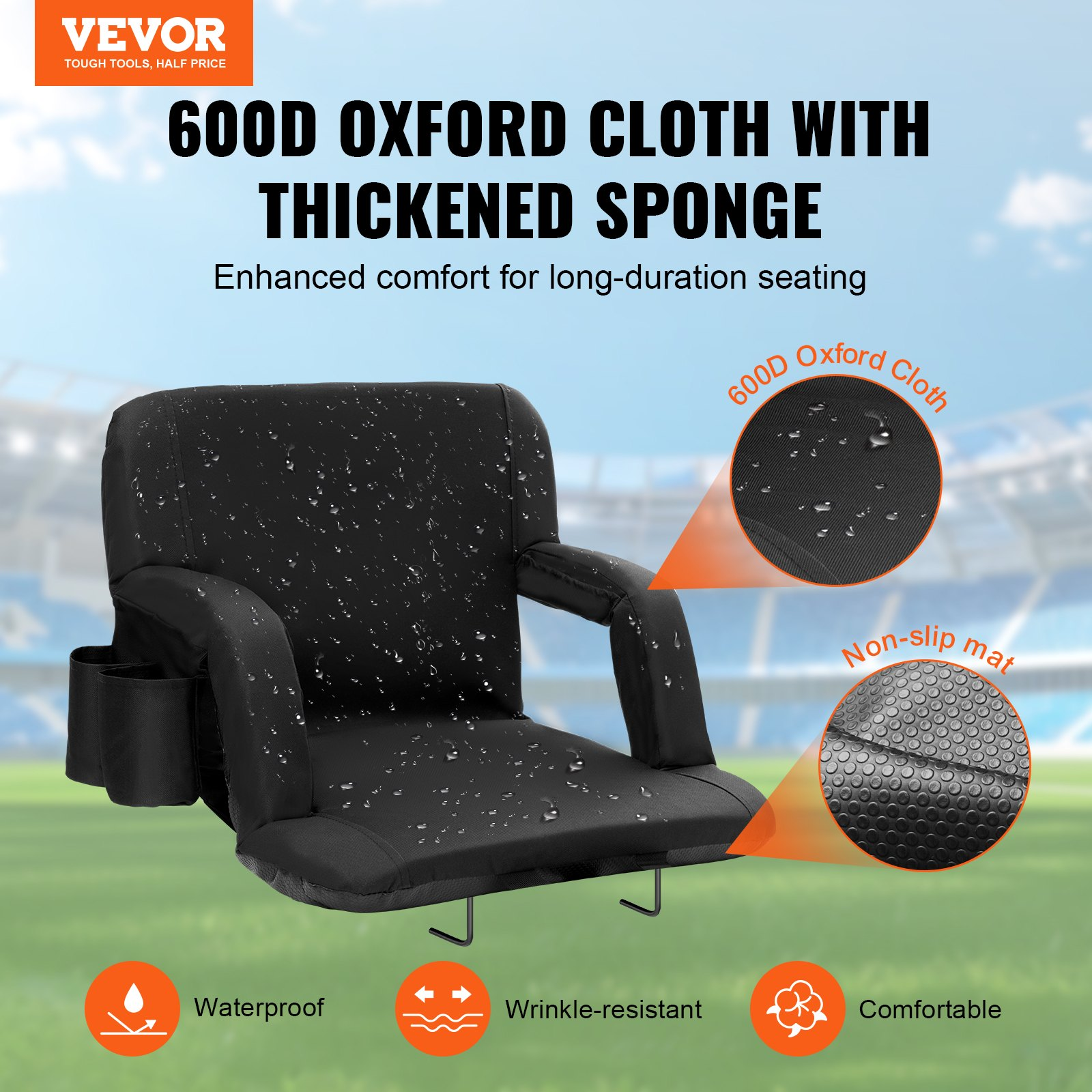 VEVOR Stadium Seat with Back Support | Wide Bleacher Seat Backs | Folding Padded Cushion Stadium Chair | Portable Reclining Chairs with Hook Pocket Cupholder | Ideal for Sport Event Beach Concert (2 Set), Goodies N Stuff