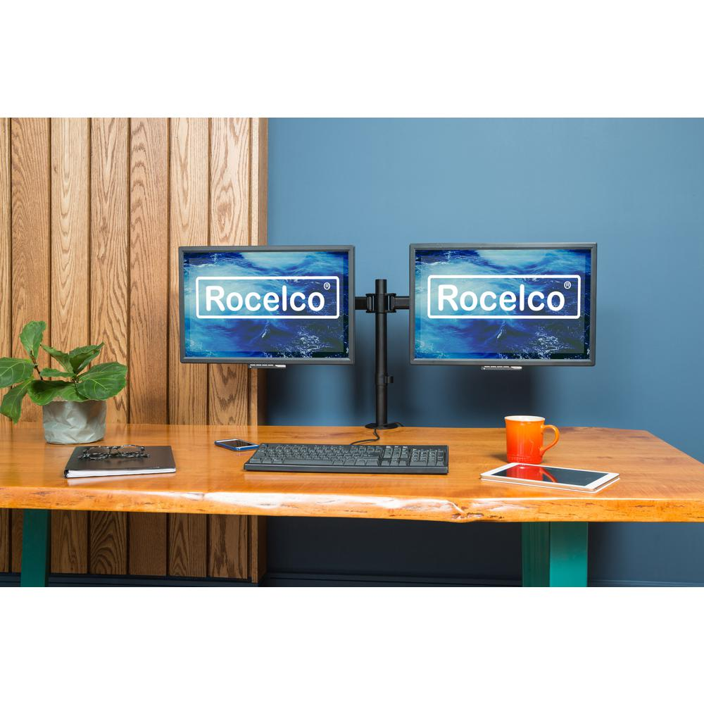 Rocelco Premium Desk Computer Monitor Mount - VESA pattern Fits 13" - 27" LED LCD Dual Flat Screen - Double Articulated Full Motion Adjustable Arm - Grommet and C Clamp - Black (R DM2), Goodies N Stuff