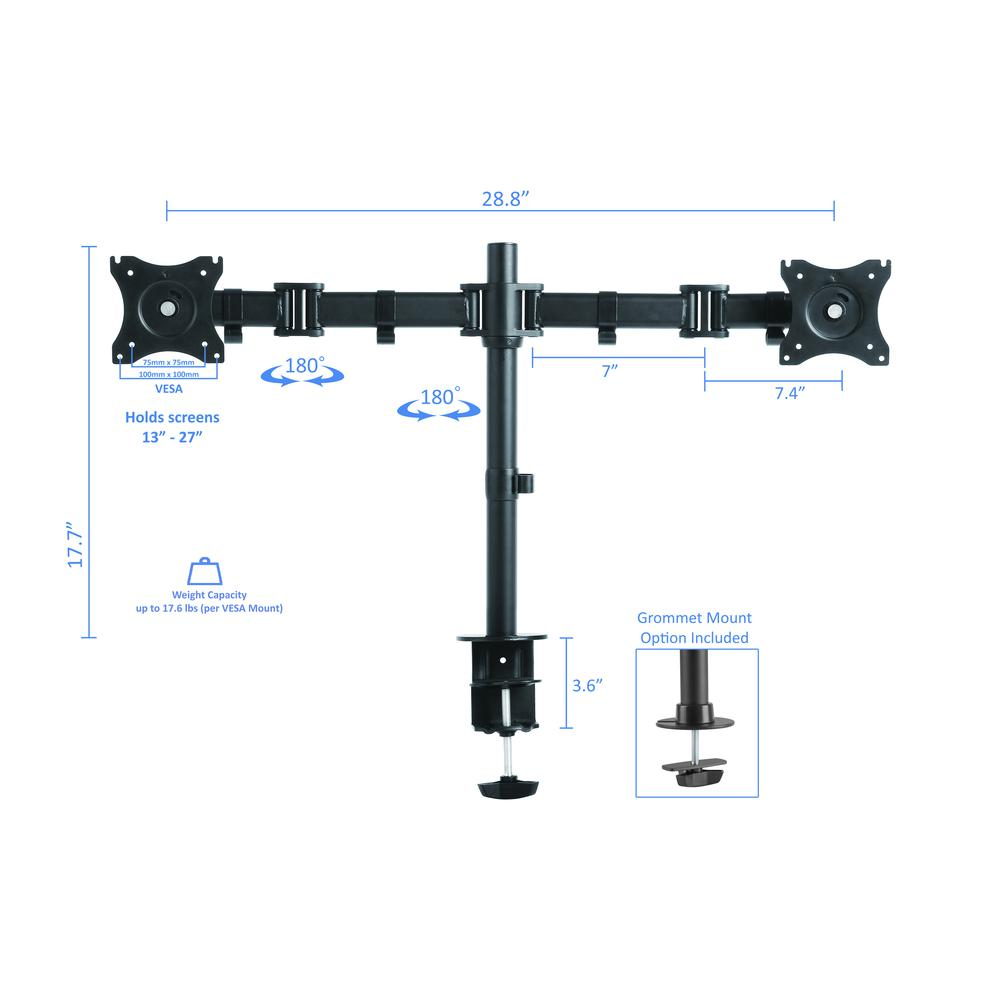 Rocelco Premium Desk Computer Monitor Mount - VESA pattern Fits 13" - 27" LED LCD Dual Flat Screen - Double Articulated Full Motion Adjustable Arm - Grommet and C Clamp - Black (R DM2), Goodies N Stuff