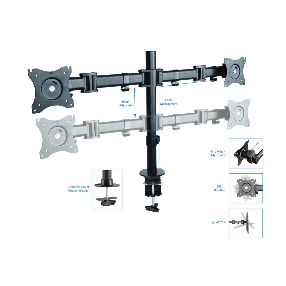 Rocelco Premium Desk Computer Monitor Mount - VESA pattern Fits 13" - 27" LED LCD Dual Flat Screen - Double Articulated Full Motion Adjustable Arm - Grommet and C Clamp - Black (R DM2), Goodies N Stuff