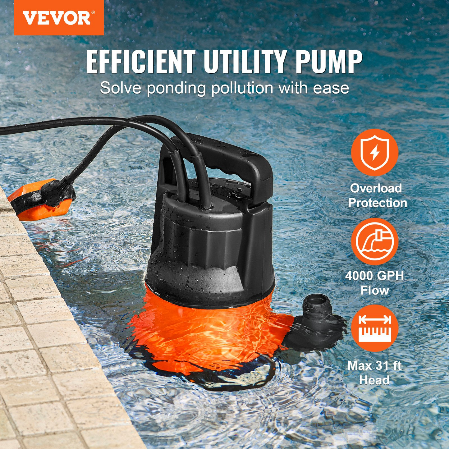 VEVOR Utility Pump, 1 HP, 4000 GPH High Flow, 31 ft Head, Sump Pump Submersible Water Pump Portable Utility Pump with 10 ft Long Power Cord for Draining Water from Swimming Pool Garden Pond Basement, Goodies N Stuff