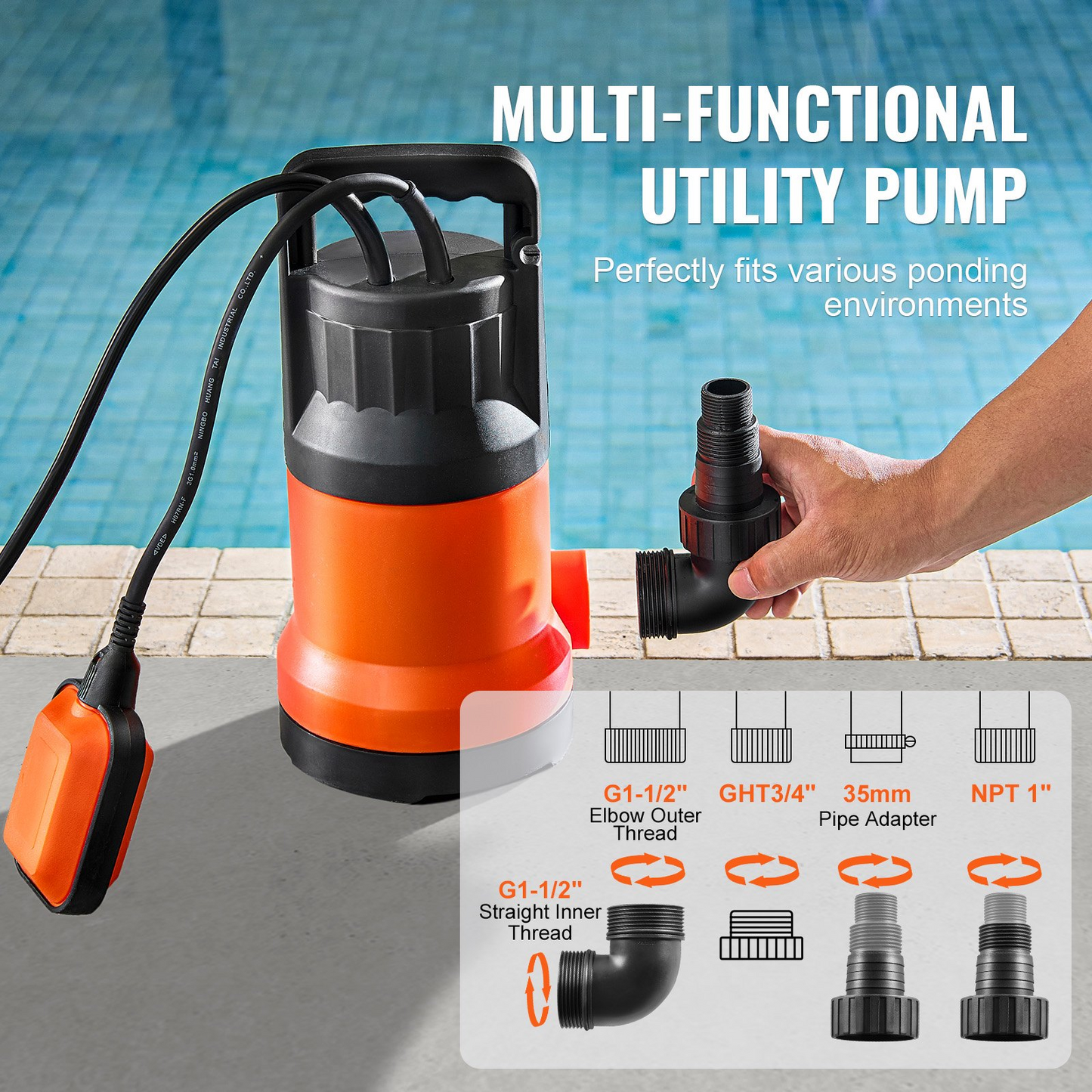 VEVOR Utility Pump, 1 HP, 4000 GPH High Flow, 31 ft Head, Sump Pump Submersible Water Pump Portable Utility Pump with 10 ft Long Power Cord for Draining Water from Swimming Pool Garden Pond Basement, Goodies N Stuff