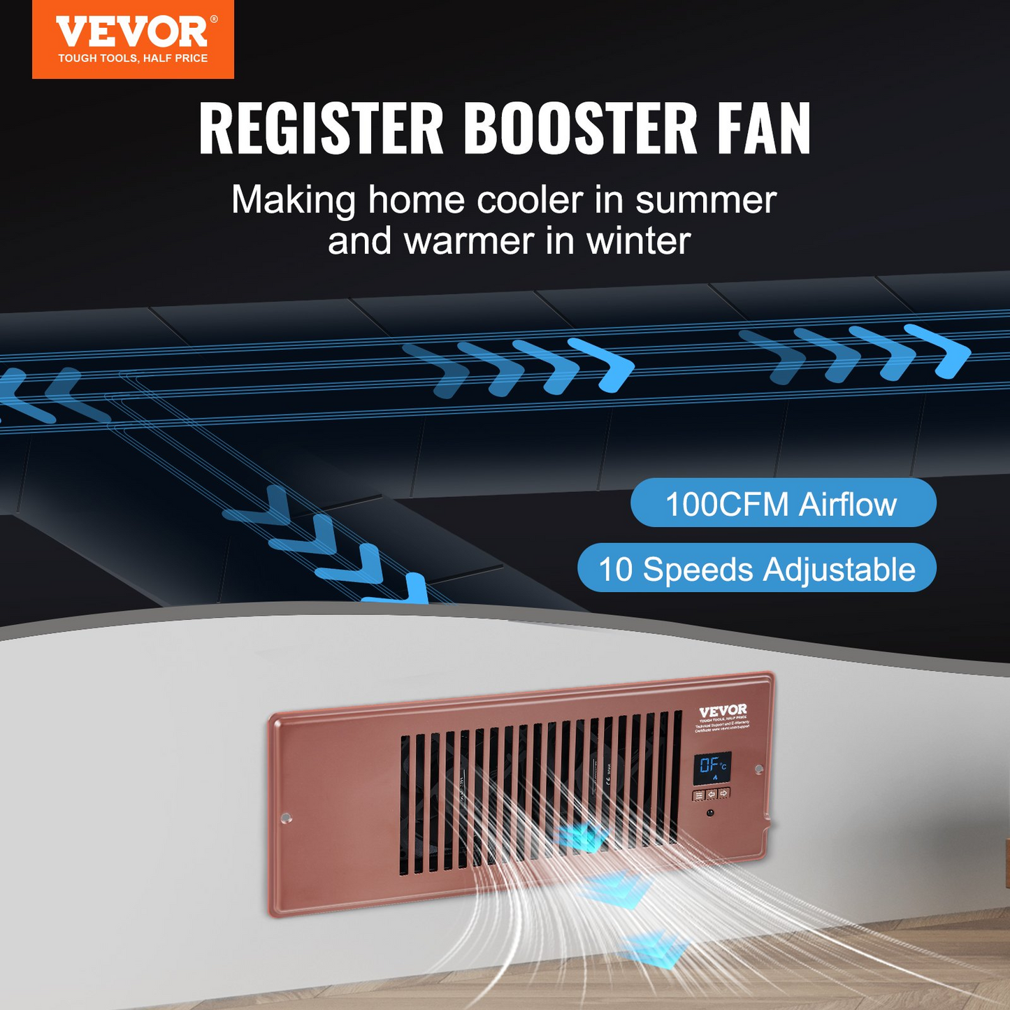 VEVOR Register Booster Fan, Quiet Vent Booster Fan Fits 4” x 12” Register Holes, with Remote Control and Thermostat Control, Adjustable Speed for Heating Cooling Smart Vent, Brown, Goodies N Stuff
