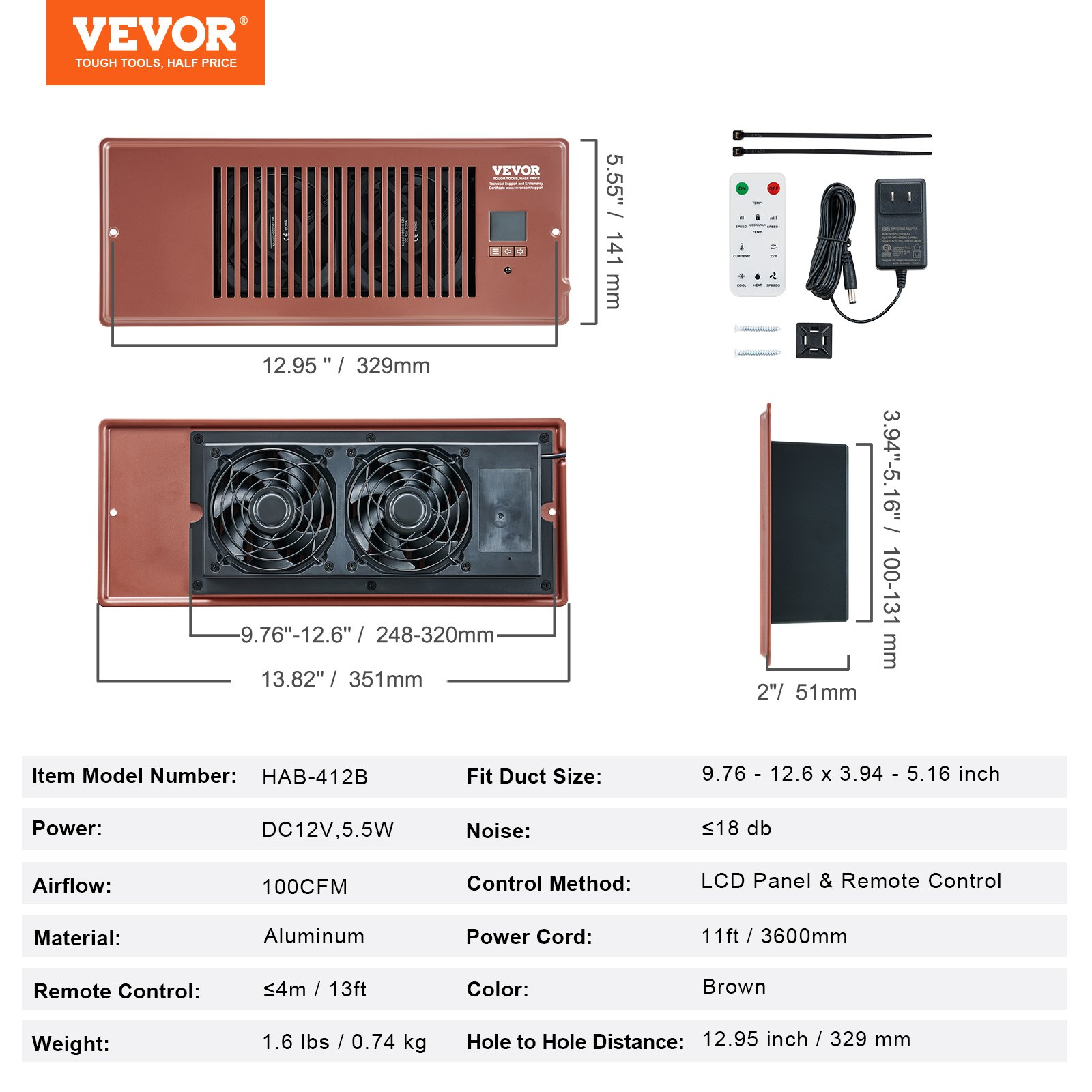 VEVOR Register Booster Fan, Quiet Vent Booster Fan Fits 4” x 12” Register Holes, with Remote Control and Thermostat Control, Adjustable Speed for Heating Cooling Smart Vent, Brown, Goodies N Stuff