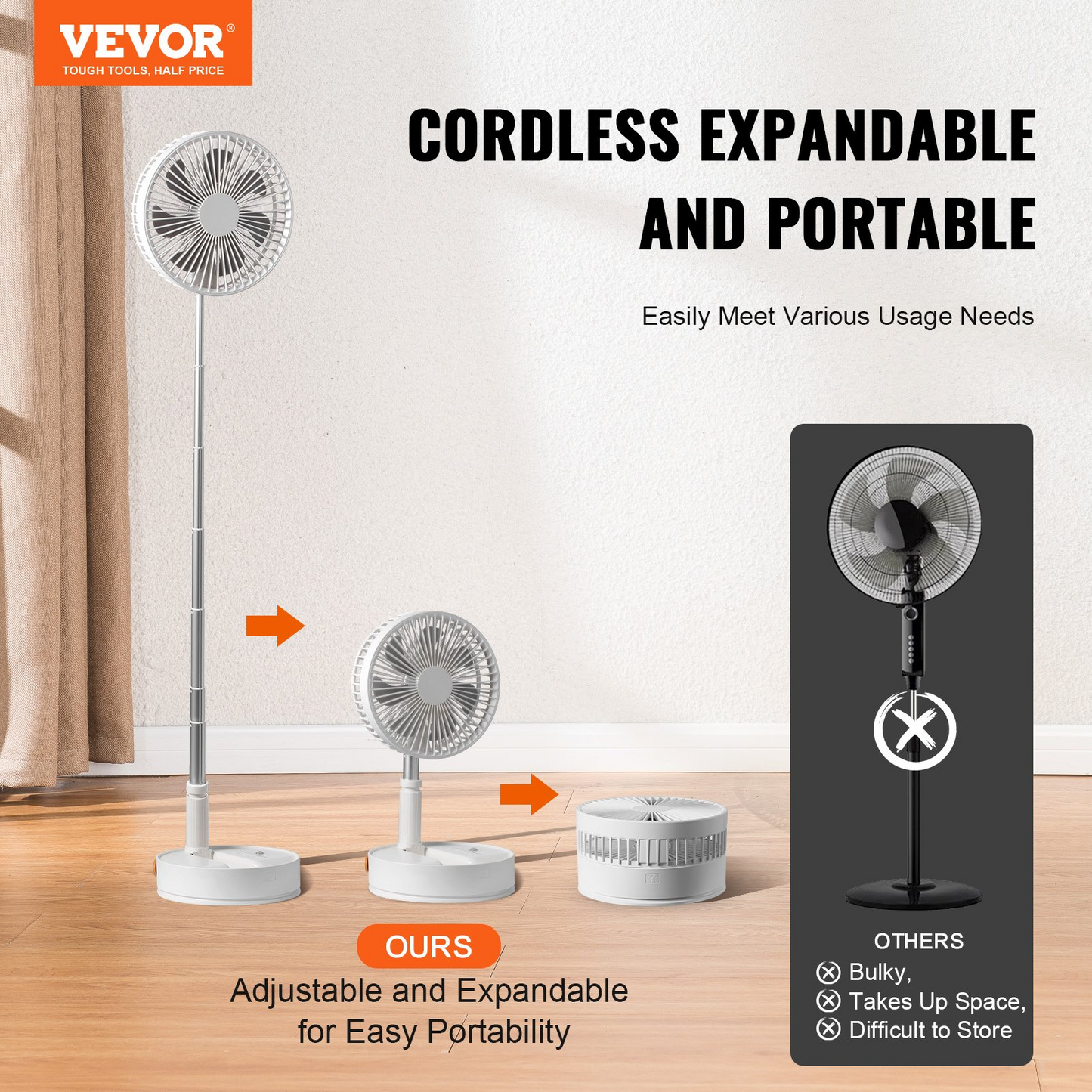 VEVOR 8 Inch Foldable Oscillating Standing Fan with Remote Control, 4 Speed Adjustable Portable Desk Quiet Fan, 7200mah Rechargeable USB Small Fan, Folded Rotating Floor Fan for Bedroom Office Travel, Goodies N Stuff