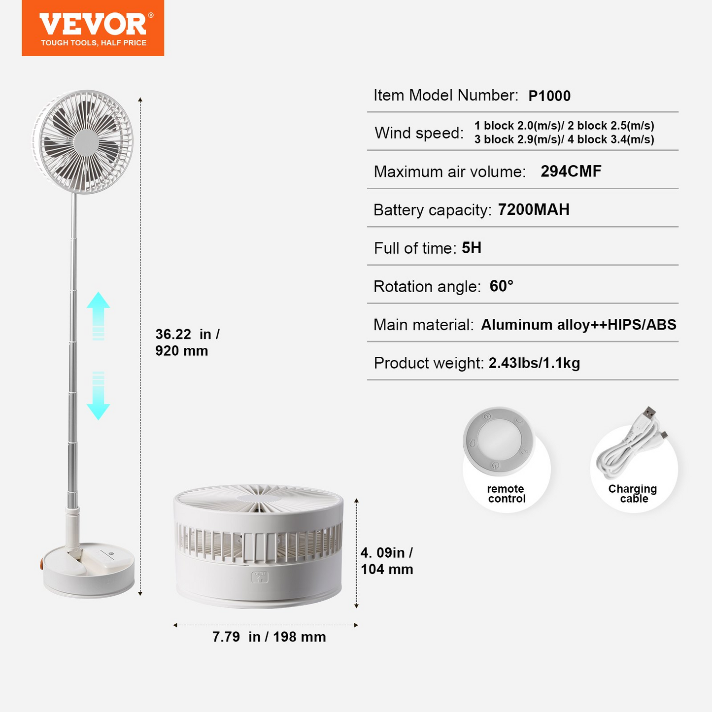 VEVOR 8 Inch Foldable Oscillating Standing Fan with Remote Control, 4 Speed Adjustable Portable Desk Quiet Fan, 7200mah Rechargeable USB Small Fan, Folded Rotating Floor Fan for Bedroom Office Travel, Goodies N Stuff