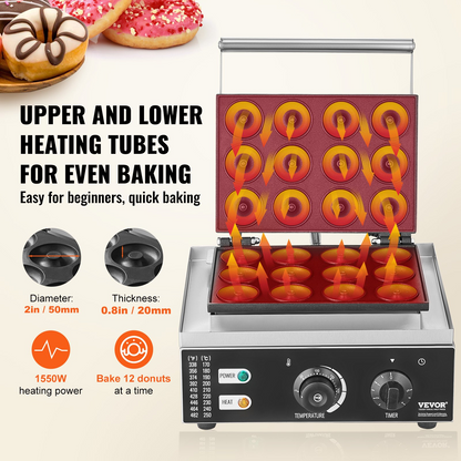 VEVOR Electric Donut Maker, 1550W Commercial Doughnut Machine with Non-stick Surface, 12 Hole Double-Sided Heating Waffle Machine Makes 12 Doughnuts, Temperature 122-572℉, for Restaurant & Home Use