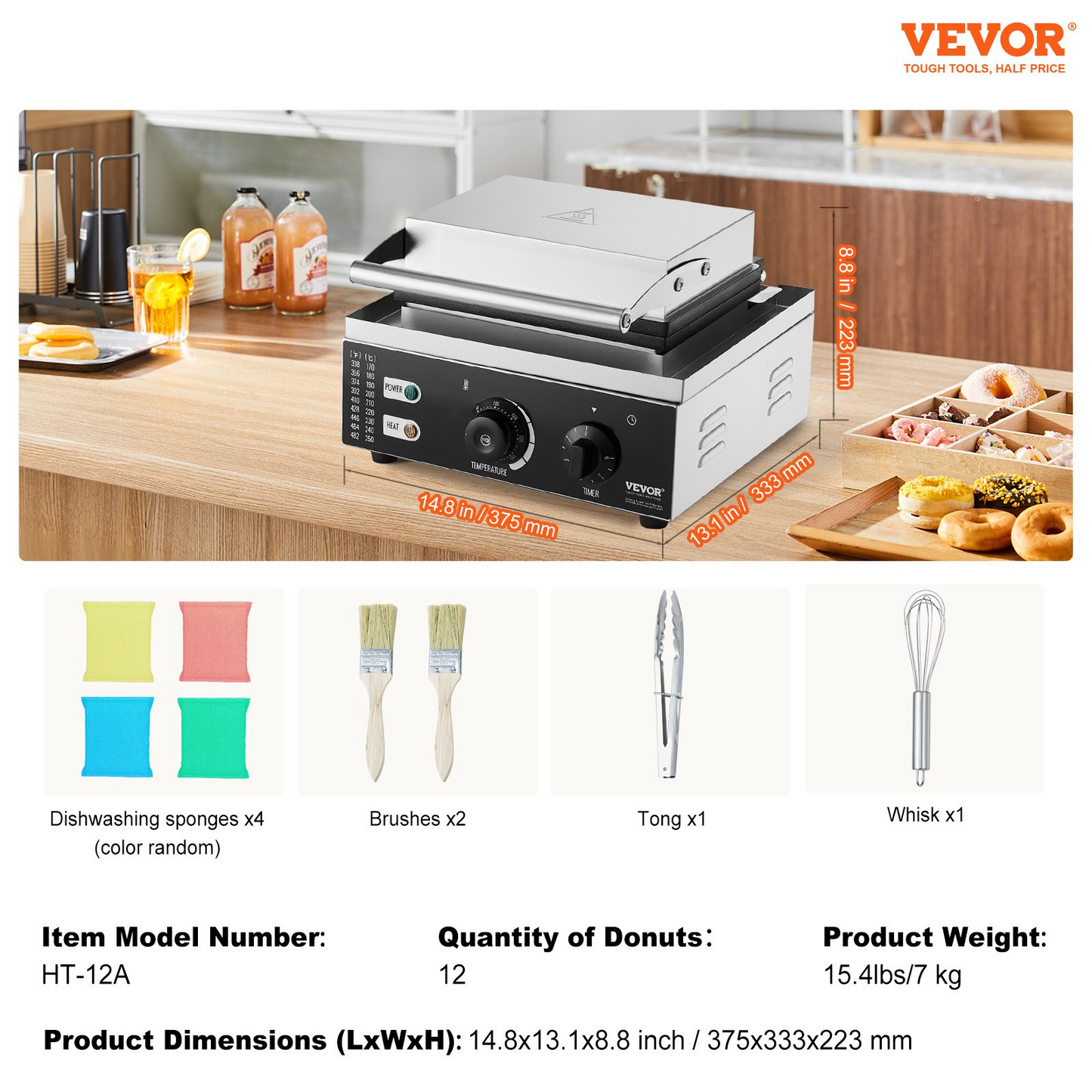 VEVOR Electric Donut Maker, 1550W Commercial Doughnut Machine with Non-stick Surface, 12 Hole Double-Sided Heating Waffle Machine Makes 12 Doughnuts, Temperature 122-572℉, for Restaurant & Home Use