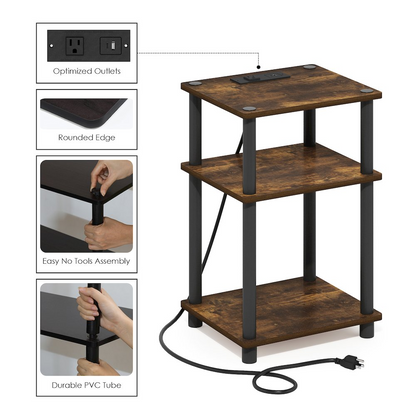 3-Tier Turn-N-Tube Open Storage Side Table, End Table with USB, Goodies N Stuff