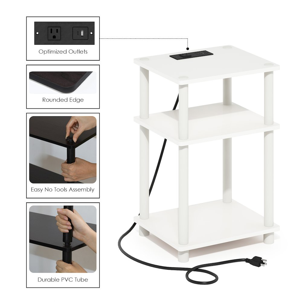 Just 3-Tier Turn-N-Tube Open Storage Side Table, End Table with USB, Goodies N Stuff