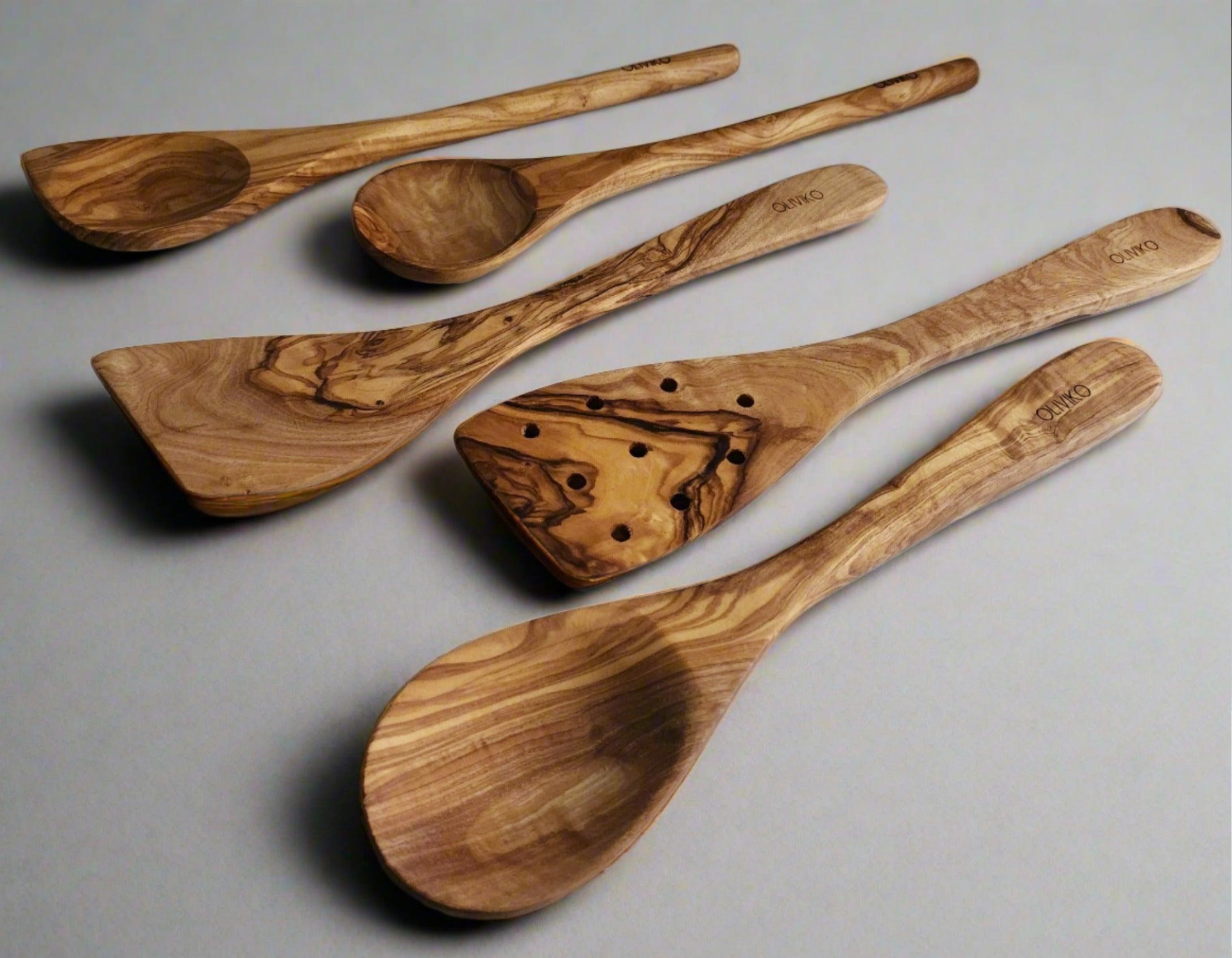 Handcrafted Olive Wood Utensil Set with Holder - 2 Spatulas & 3 Spoons, Goodies N Stuff
